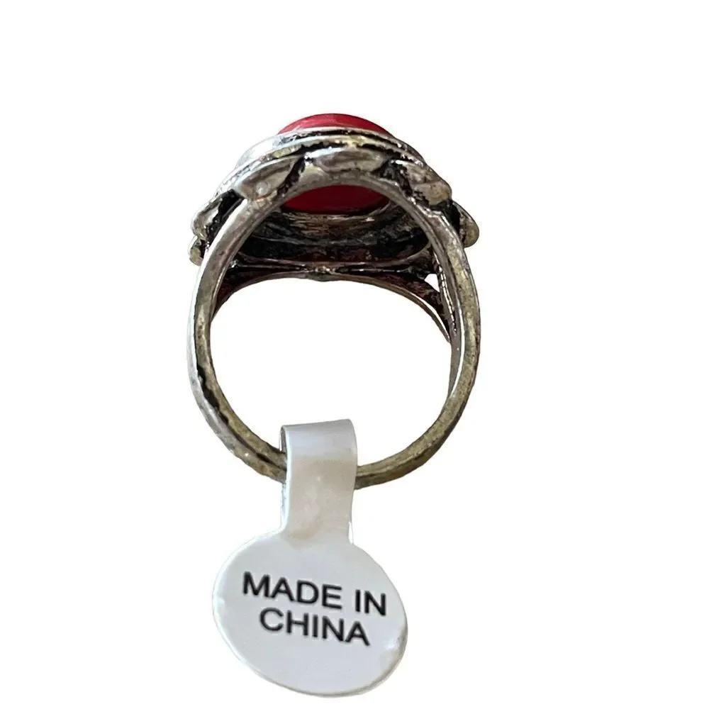 NWT silver tone marcasite like stones with red round center stone ring US size 8